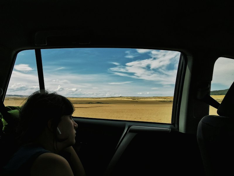 A passenger in the back seat of a car looks out the side window at wide golden fields under a blue sky and scattered white clouds.
