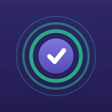 The Delegyn Shift app icon: a white tick in a violet circle at the centre of concentric teal rings, on a deep indigo rounded square.