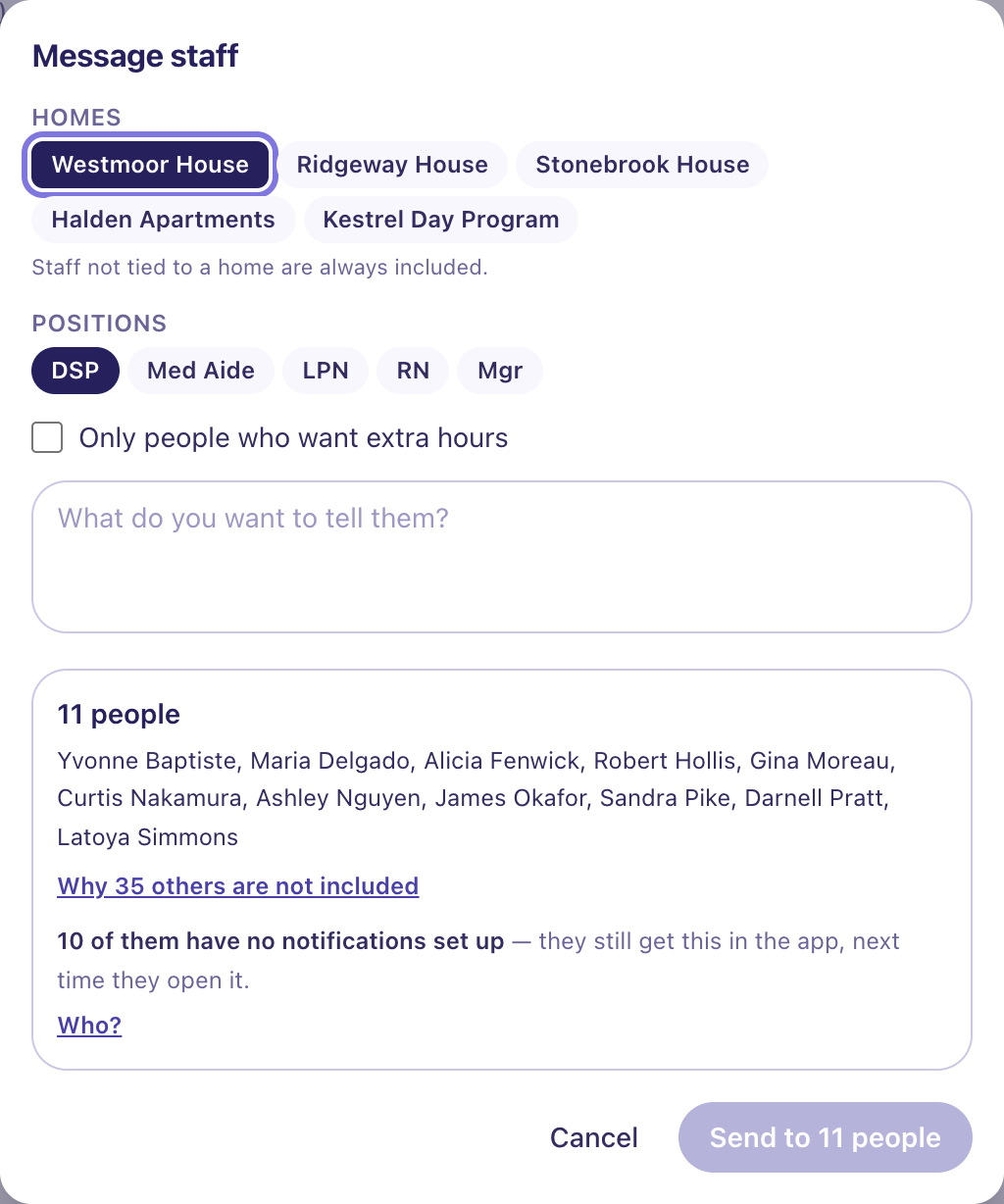 The Message staff dialog: home and position filters with Westmoor House and DSP selected, then a panel reading 11 people, naming each of them, a link asking why 35 others are not included, and a note that 10 of them have no notifications set up and will still get the message in the app.