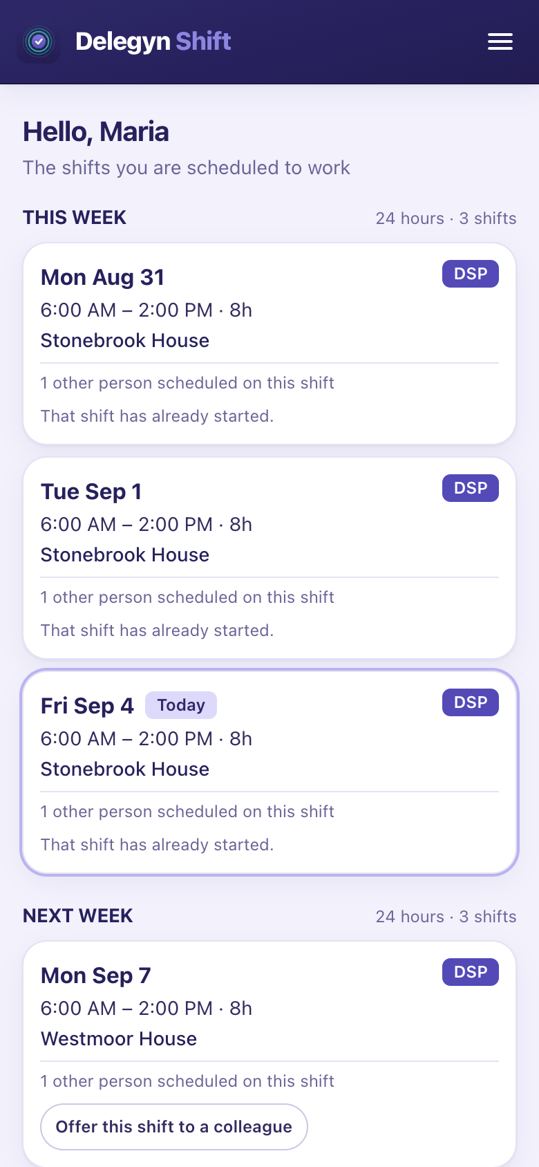 A staff member's shifts on a phone: this week and next, with the hours beside each week, today's shift outlined, and each shift showing its time, home, position and how many colleagues are on with them.
