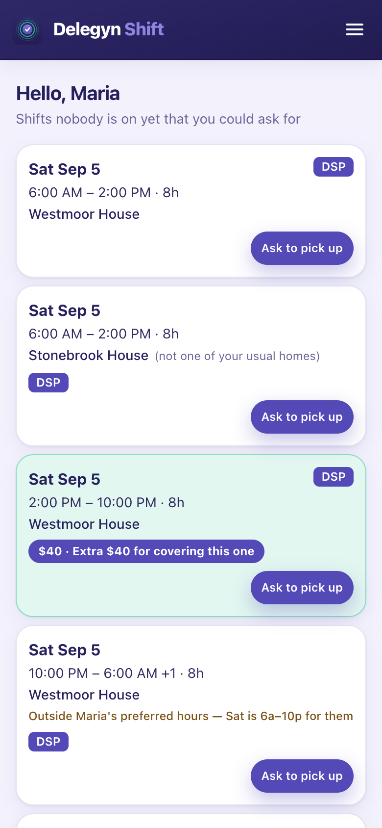 Open shifts on a phone: Only shifts they could actually work. Asking is not taking — a scheduler still decides.