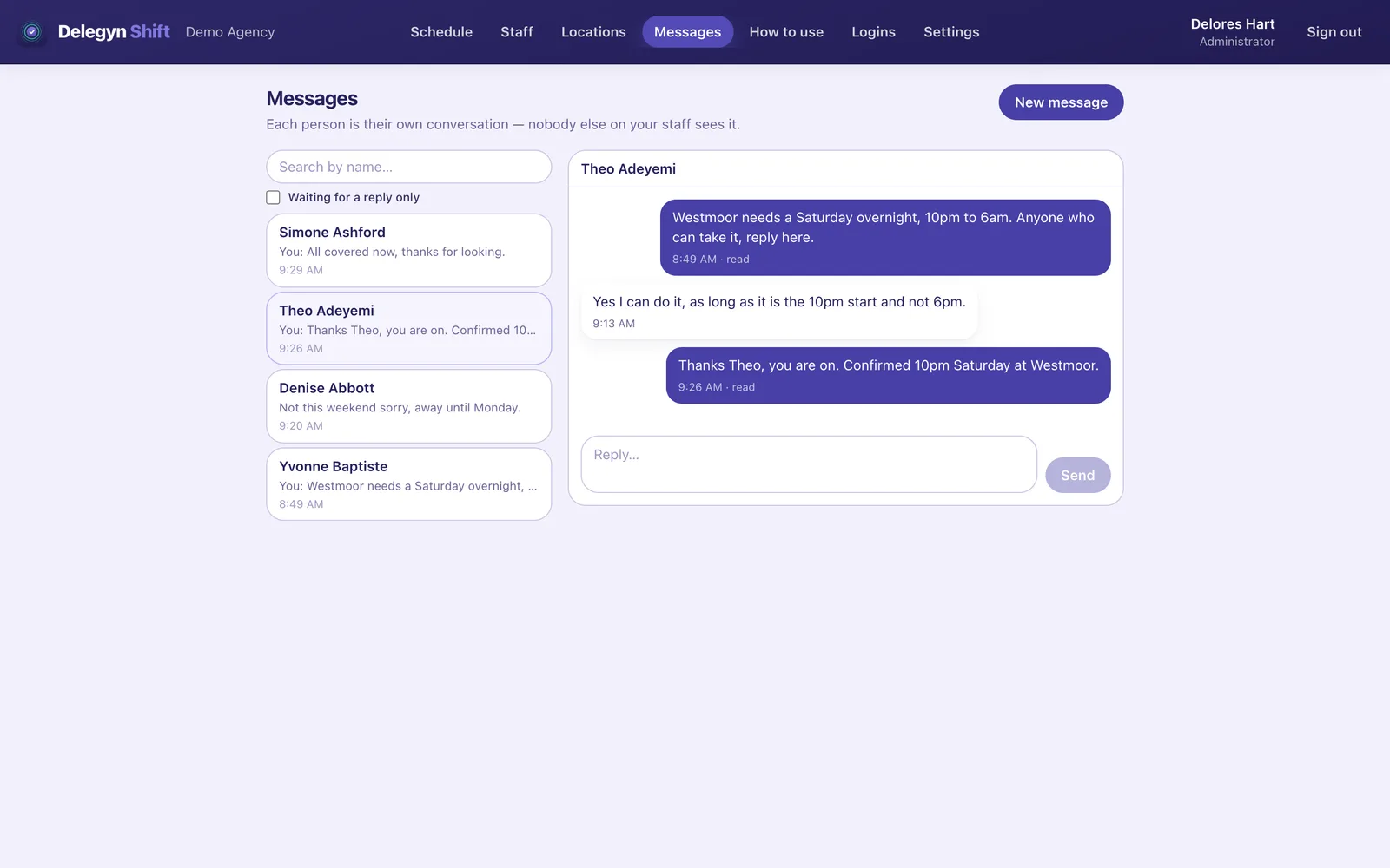 A message thread with one staff member. The agency asks who can cover a Saturday overnight, the staff member replies that they can take the 10pm start, and the agency confirms it. Each message shows a time and a read receipt.